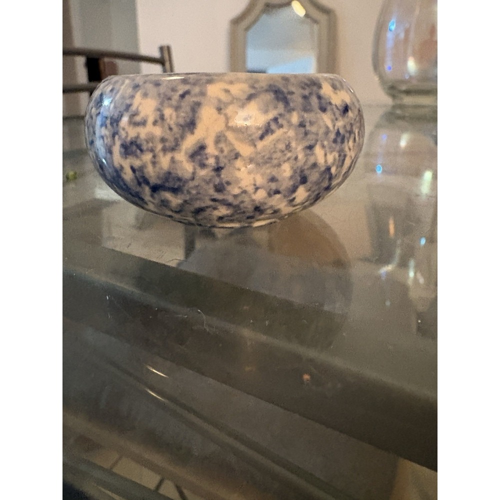 VTG Studio Pottery Small Bowl Blue White Sponge Glaze Dish Signed 3.5"x1.75"